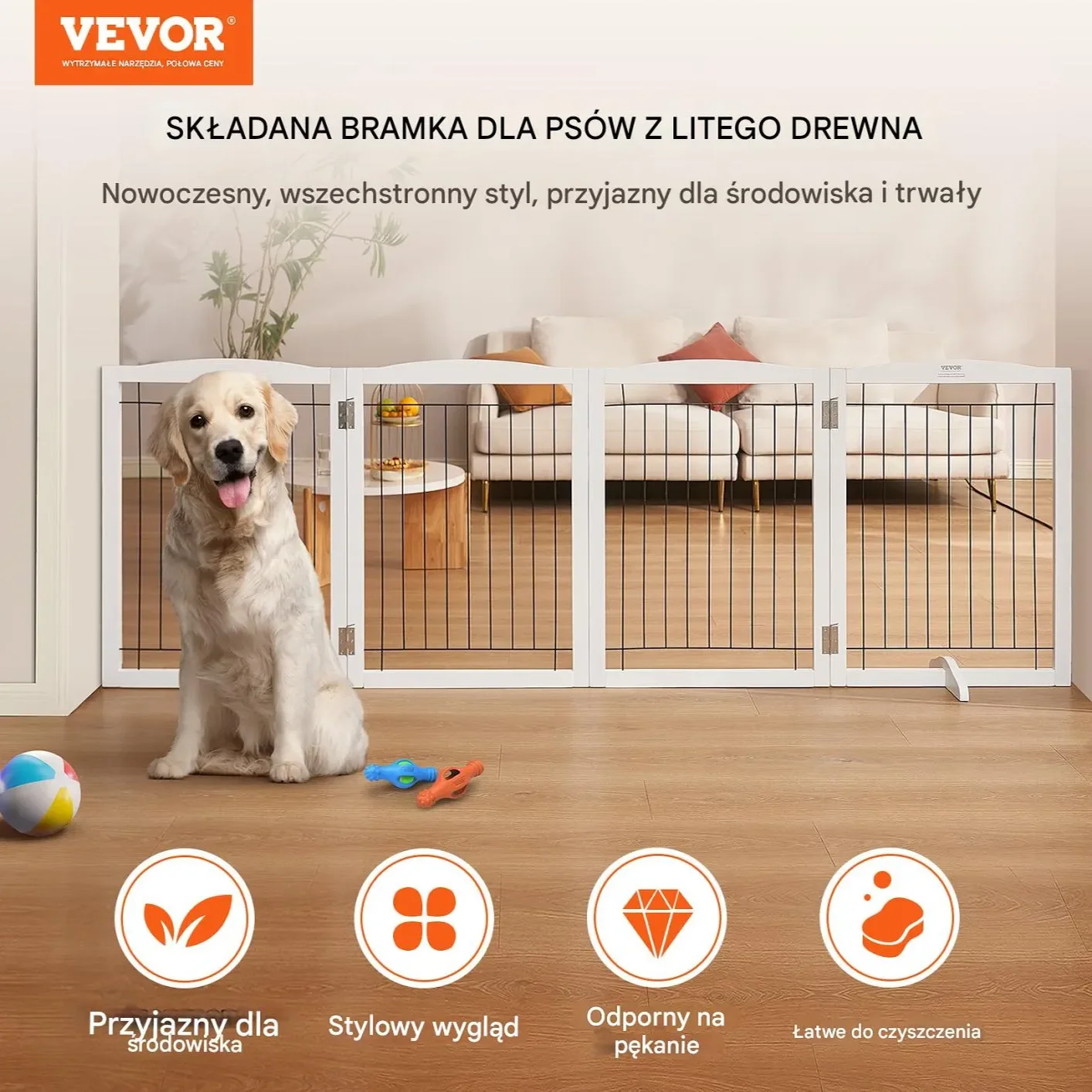 Bramka dla psa składana 4-panelowa, biała, drewniana, szer. do 245 cm - obrazek 3