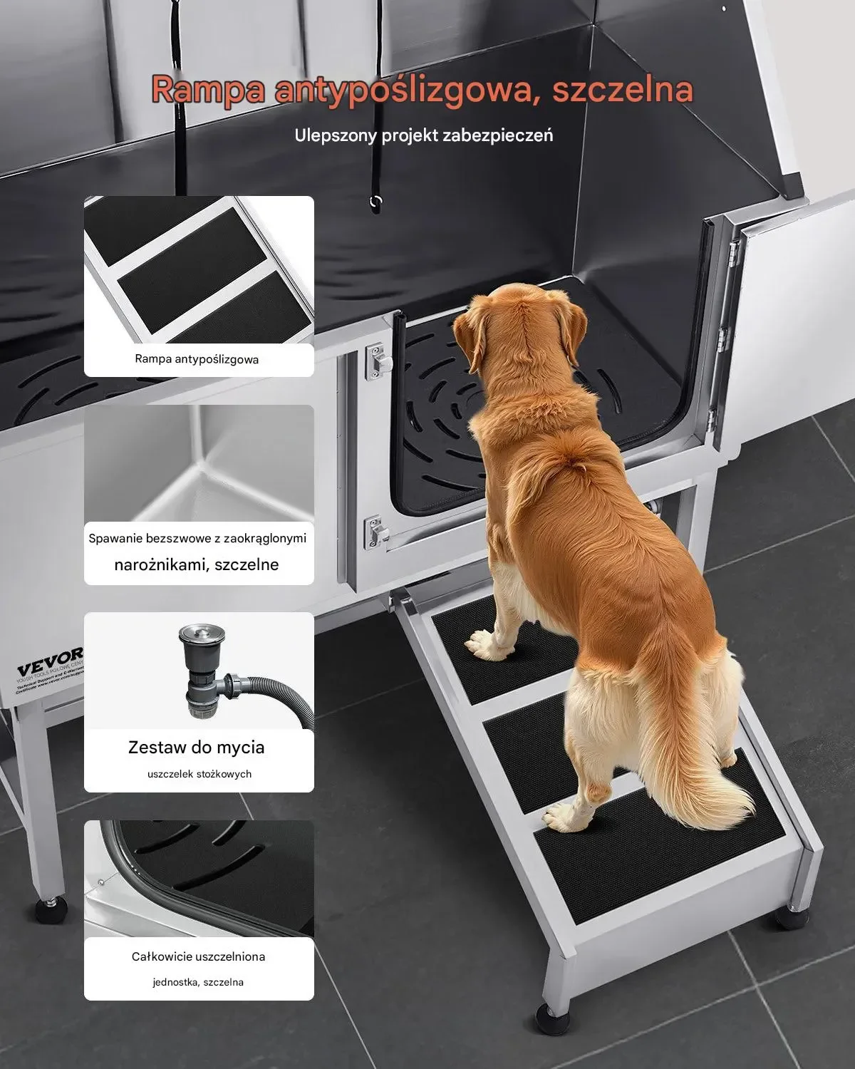 Wanna groomerska 127 cm stal rampa filtr prysznic dozownik drzwi prawe - obrazek 3