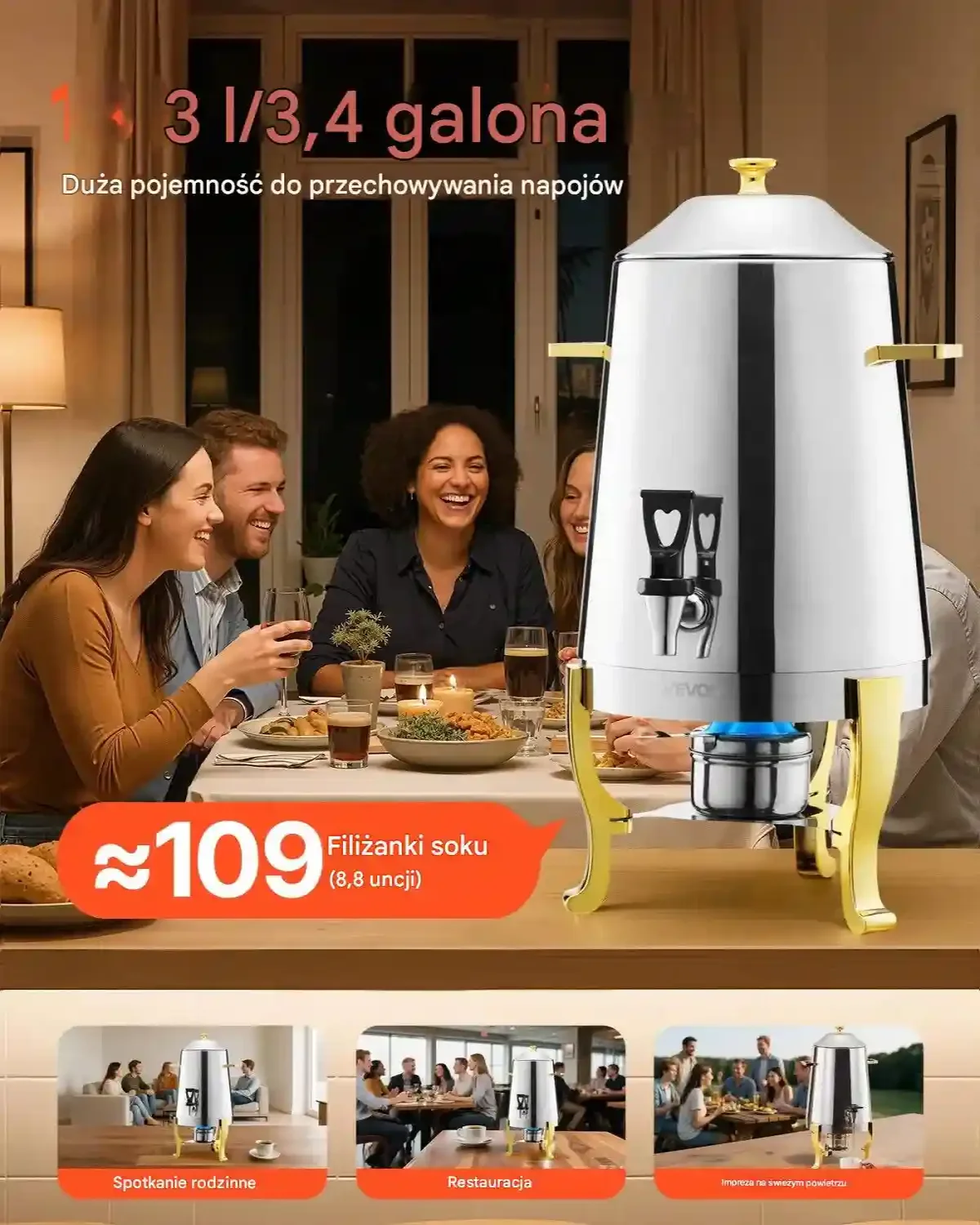 Dozownik napojów 13L stalowy z podgrzewaczem i kranikiem do bufetu - obrazek 3