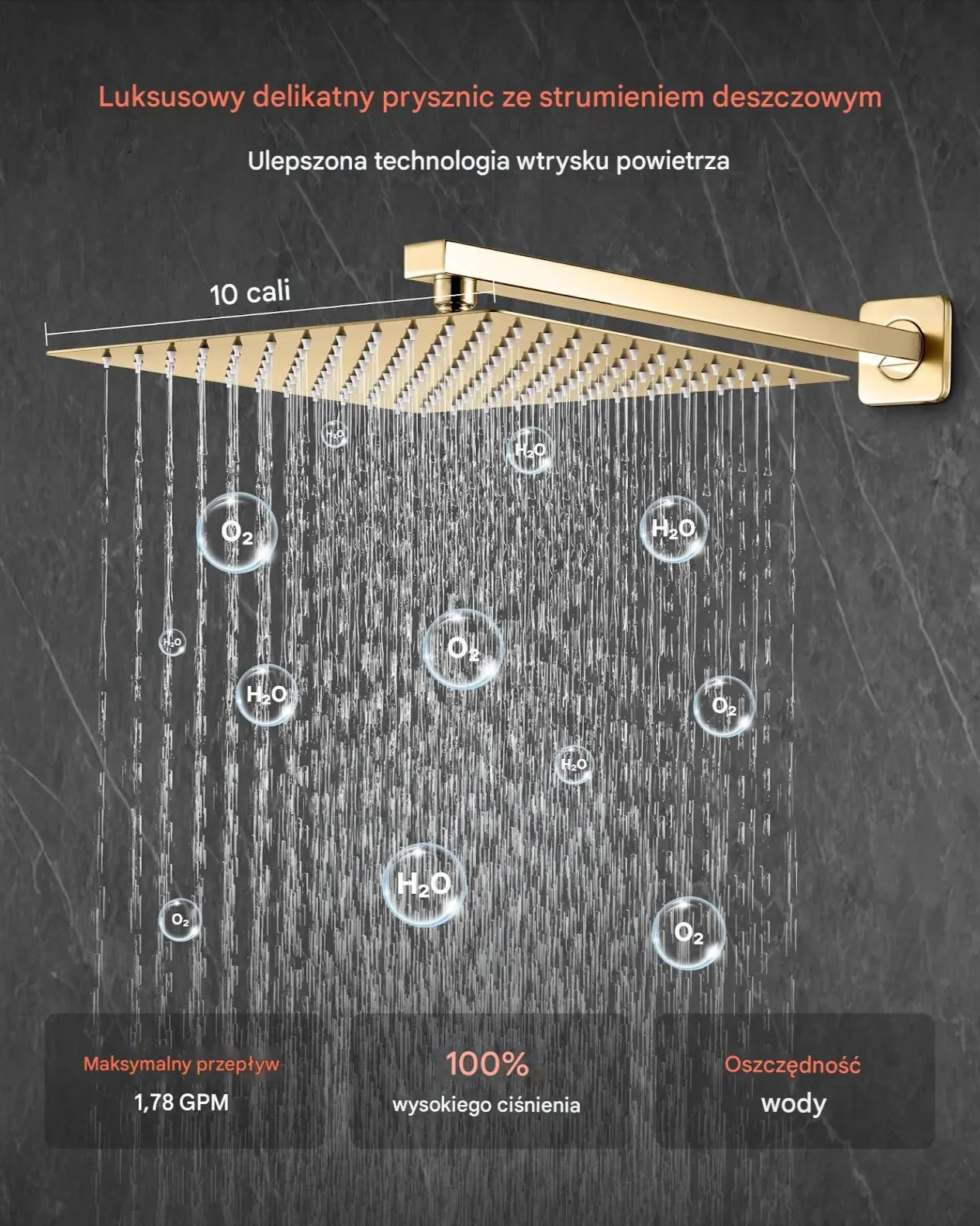 Zestaw prysznicowy deszczownica 25 cm złoty montaż ścienny prostokątny - obrazek 2