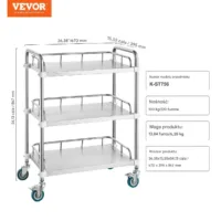 Wózek laboratoryjny 3 półki stal nierdzewna na kółkach 70x39,5x86,7 cm