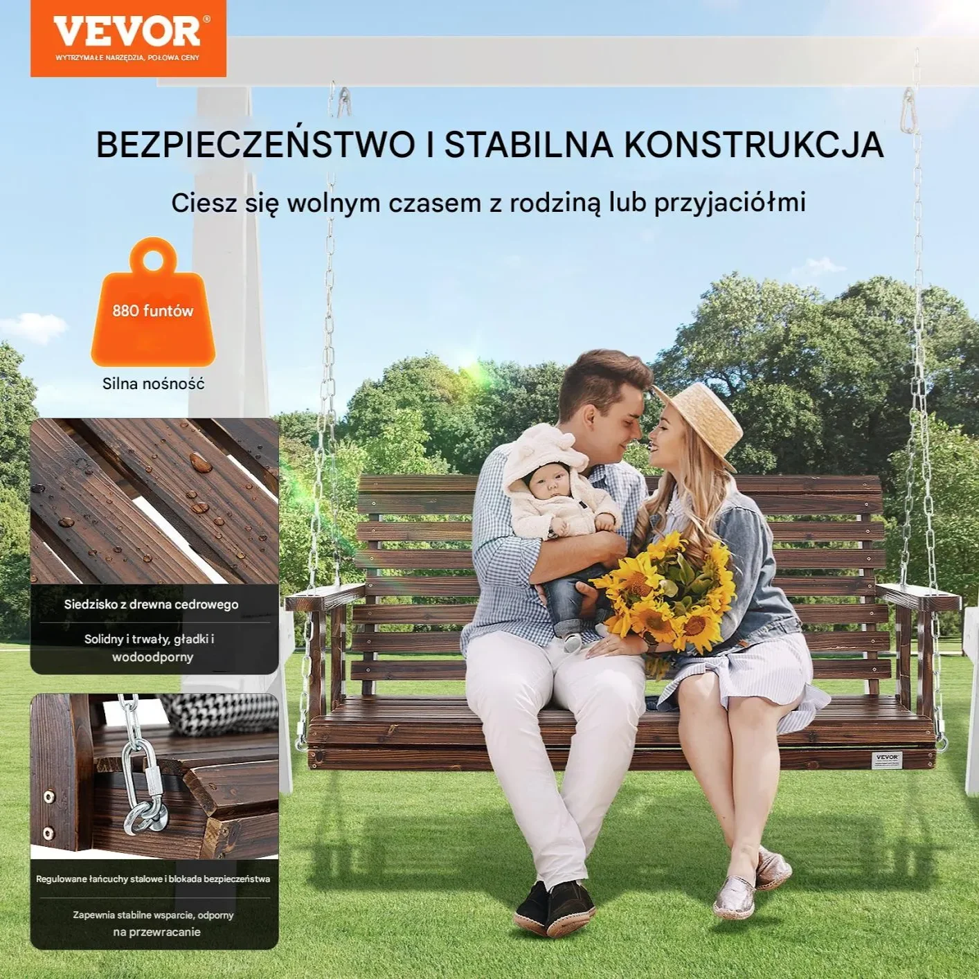 Huśtawka ogrodowa 140cm ławka wisząca 400kg na łańcuchach brązowa - obrazek 6