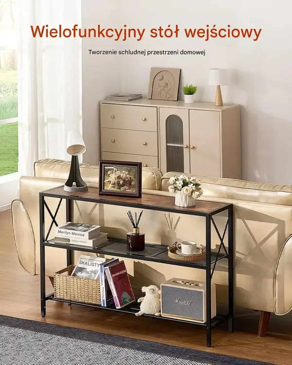 Konsola wąska 3-poziomowy 106 cm metalowa półka do salonu i przedpokoju - obrazek 2