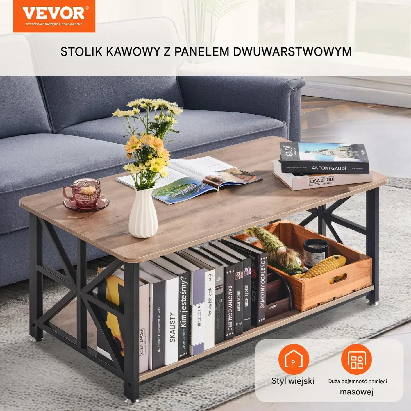 Stolik Kawowy Drewniany Nowoczesny Otwarta Półka 1000 x 500 x 465 mm - obrazek 3