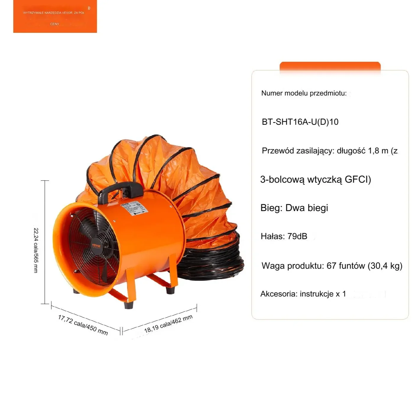Wentylator przemysłowy 406mm 900W 5175CFM z wężem 10m usuwanie dymu - obrazek 2