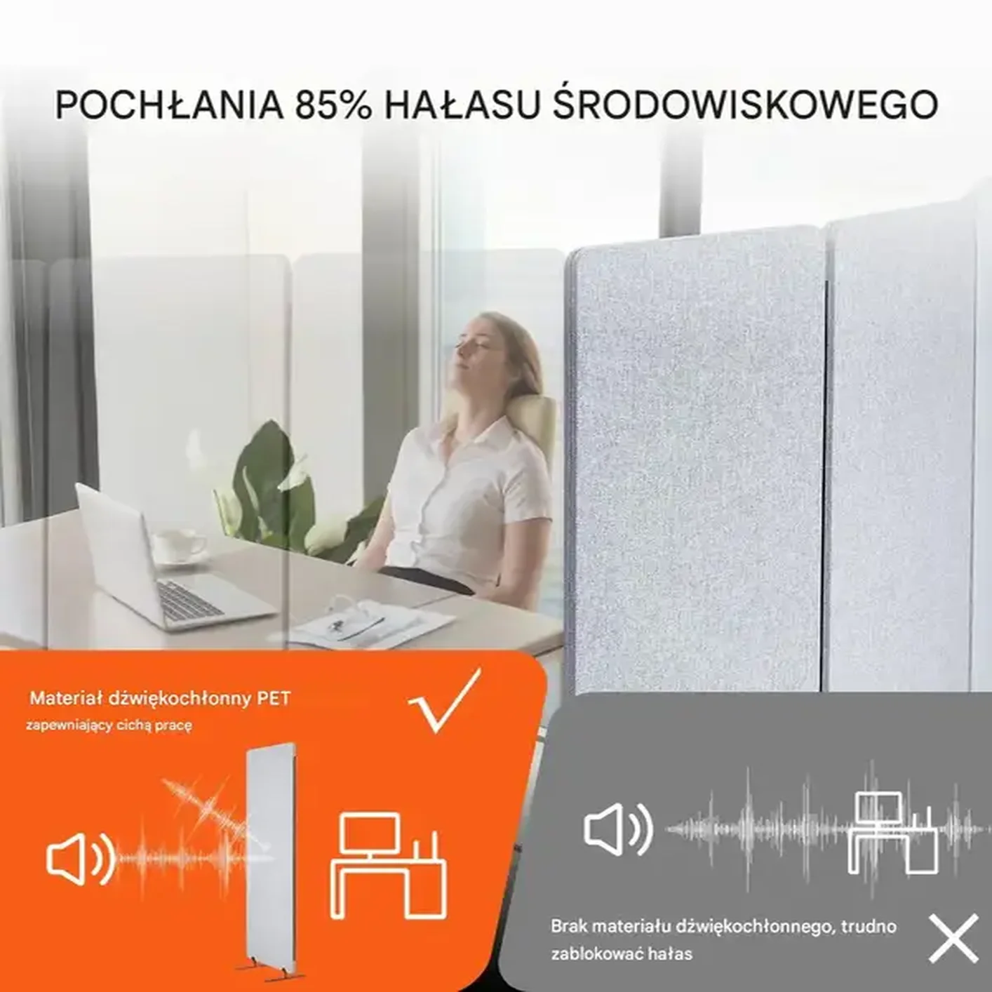 Parawan pokojowy 3-panelowy składany wygłuszający przegroda biurowa szary - obrazek 4