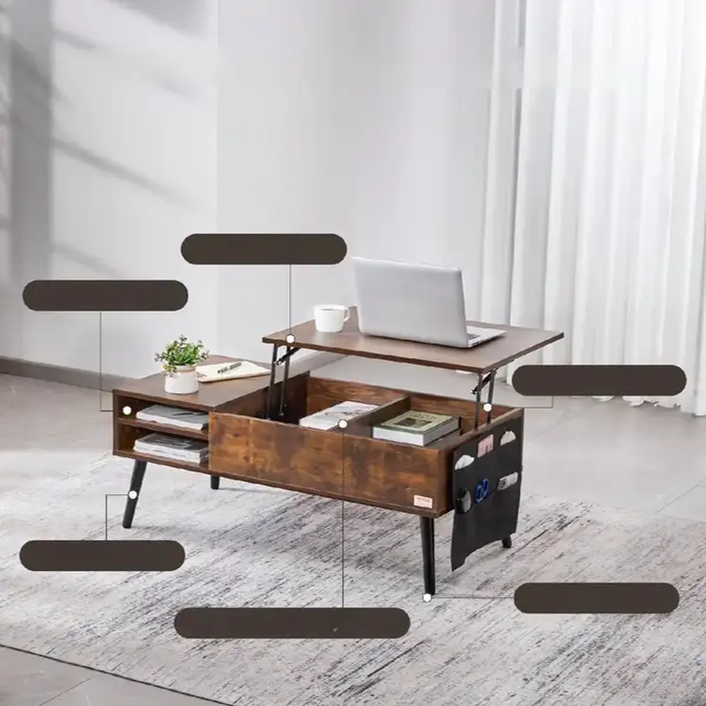 Rozkładana ława stolik kawowy z podnoszonym blatem schowkiem - obrazek 3