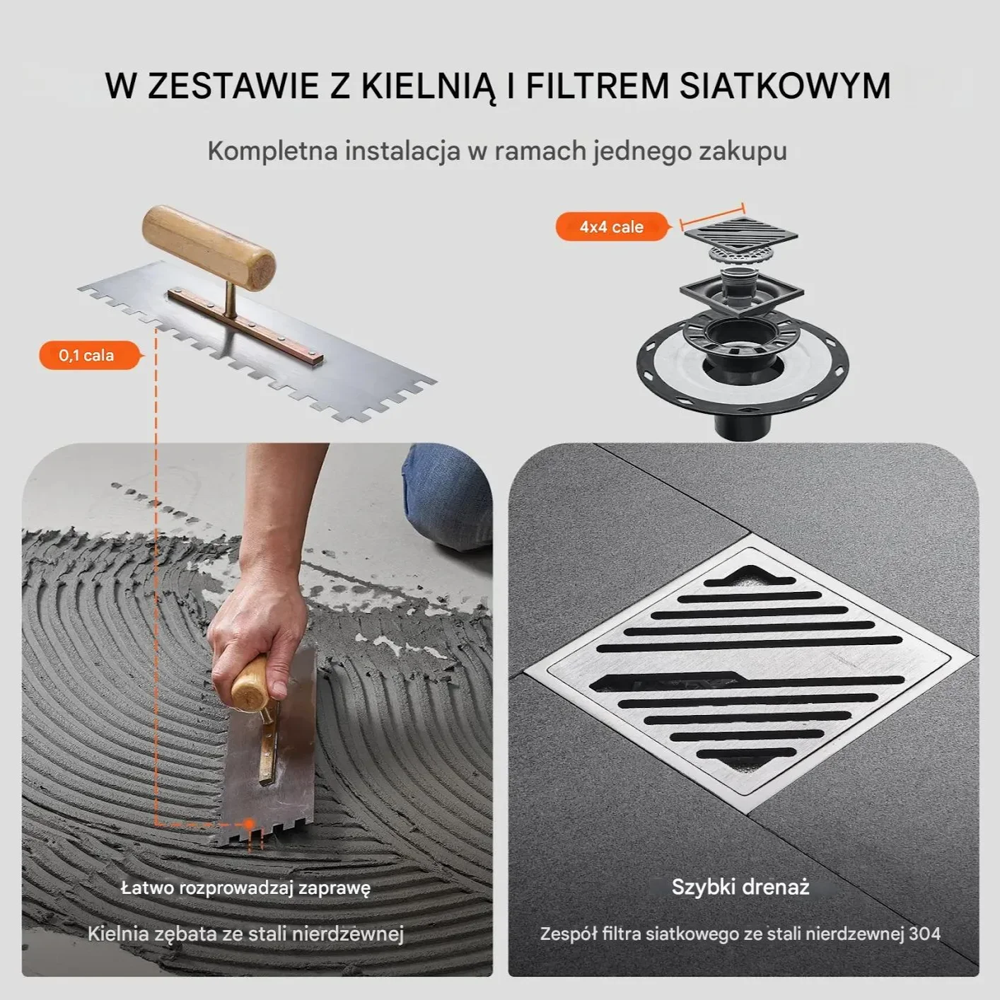 Brodzik prysznicowy 1828x1828 mm odpływ 50mm zestaw z wkładką PVC nierdzewna - obrazek 2