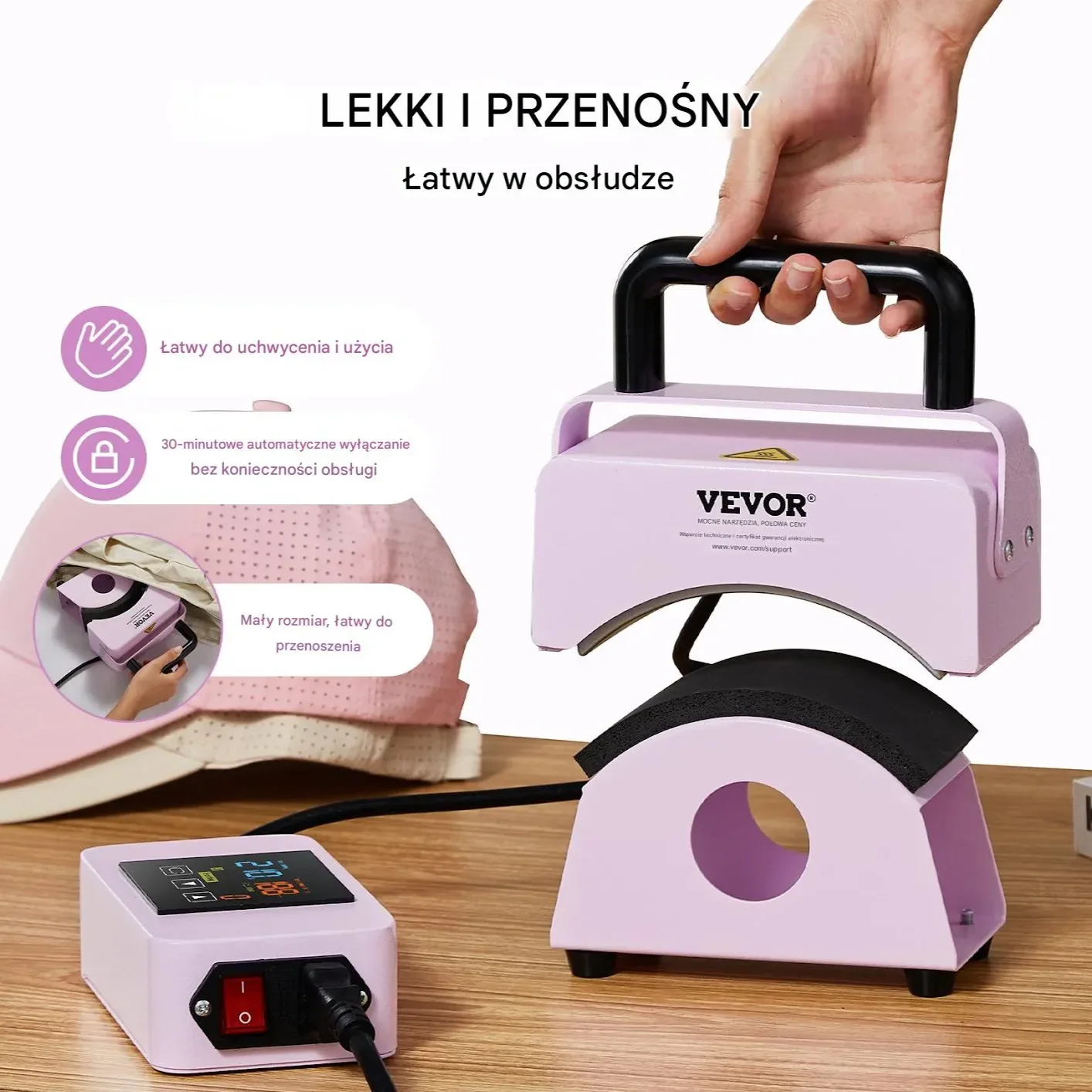 Prasa termiczna do czapek mini 15x8 cm 180°C przenośna fioletowa - obrazek 3