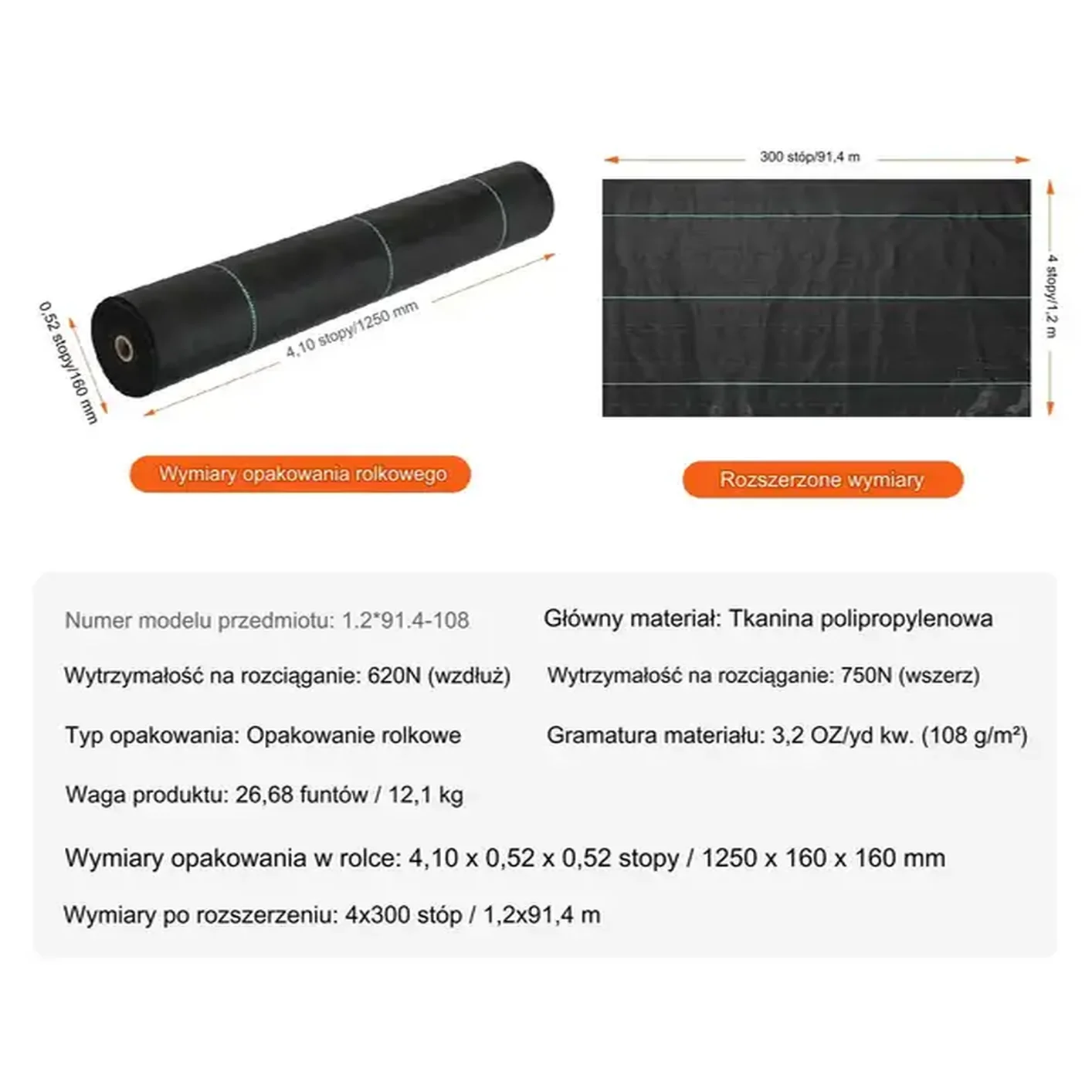 Agrowłóknina antychwastowa agrotkanina 108g/m² 1,2x91,4m - obrazek 2