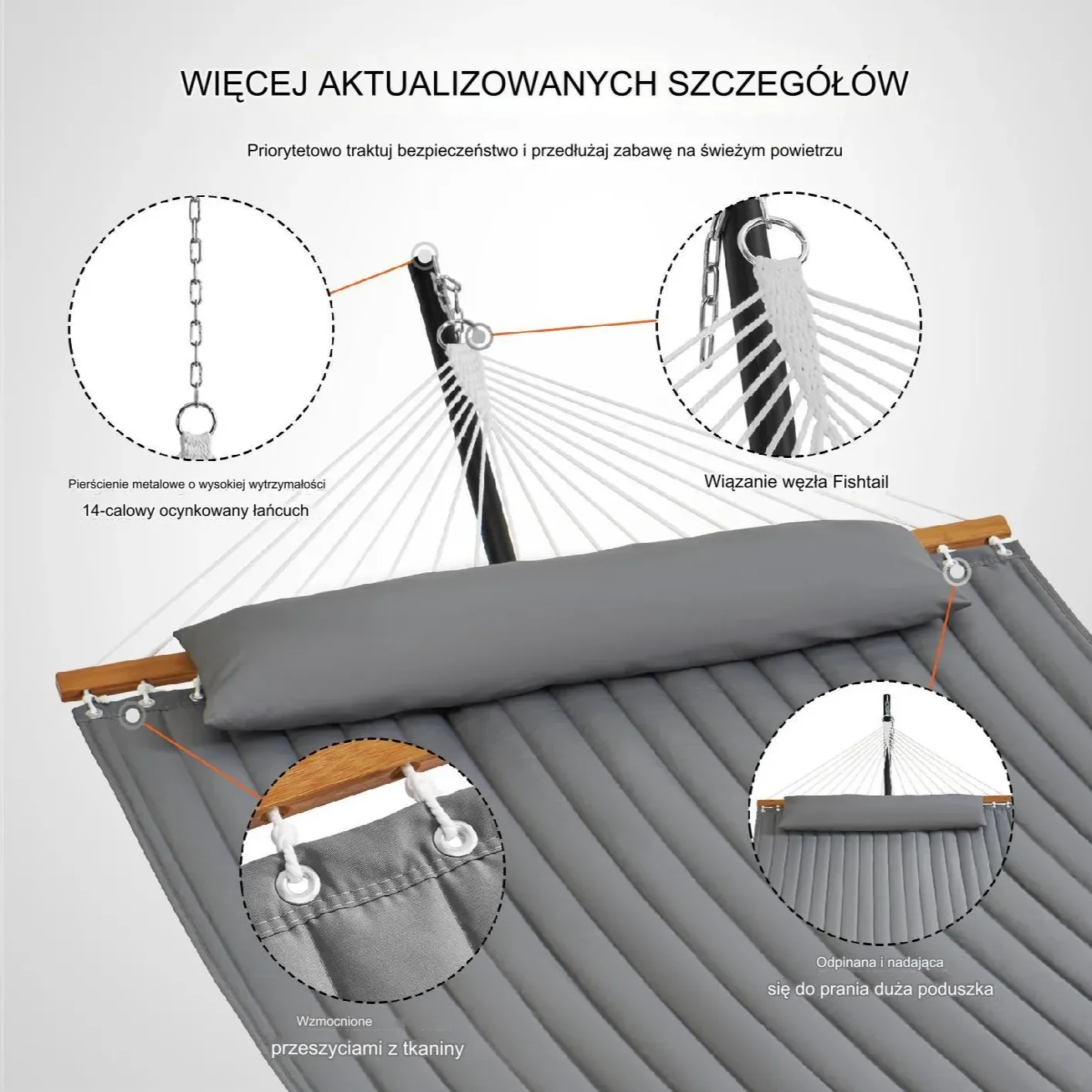 Hamak ogrodowy ze stelażem i drążkiem duży mocny dwuosobowy szary - obrazek 4