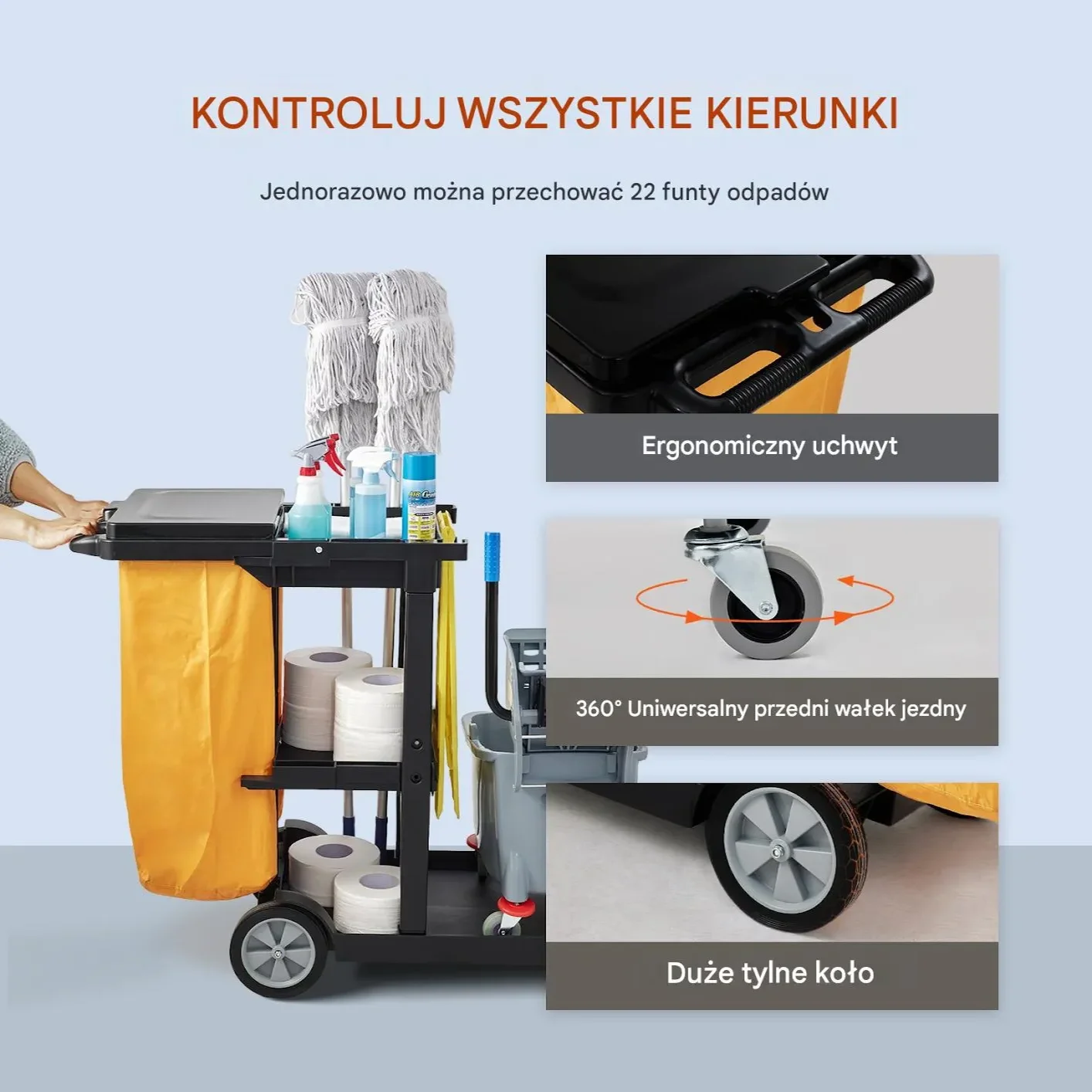 Wózek do sprzątania 3-półkowy 120x51x98 cm 90 kg z workiem i pokrywą - obrazek 5