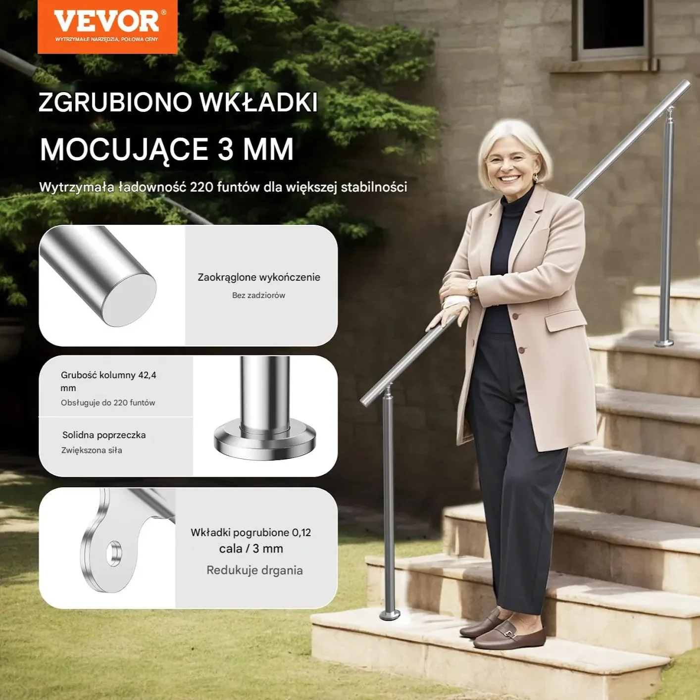 Poręcz schodowa 180 cm stal nierdzewna 2-kolumnowa zestaw montażowy - obrazek 2