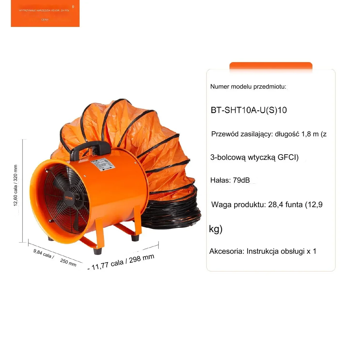 Przenośny Przemysłowy Wentylator Wyciągowy 254 mm Wąż 10 m - obrazek 2