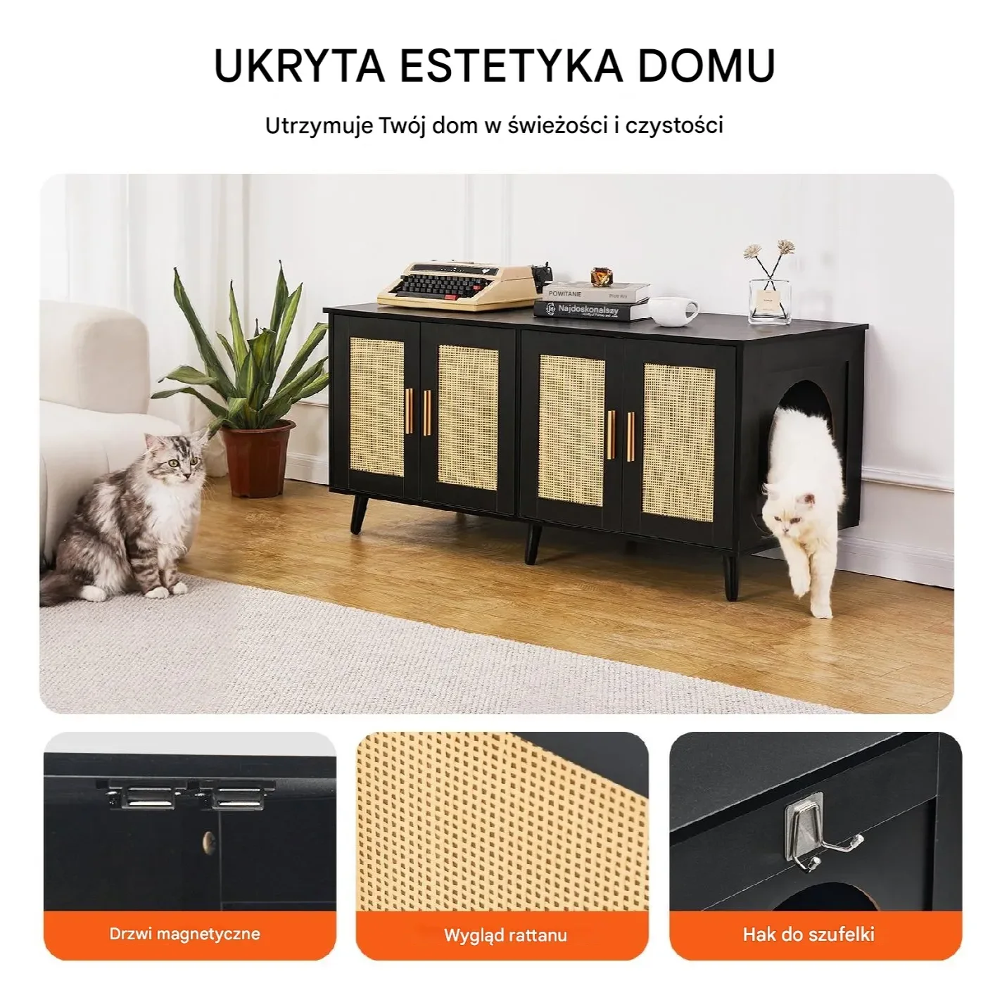 Szafka na kuwetę 2 komory – mebel maskujący czarny do domu dla kota - obrazek 6