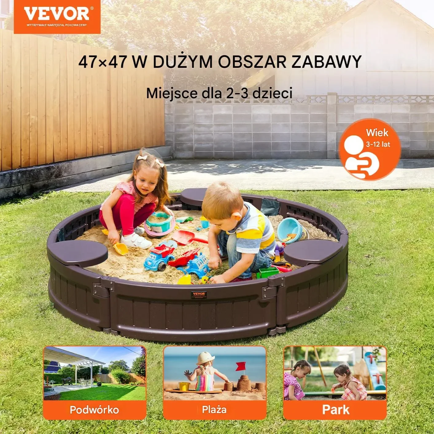 Piaskownica okrągła 120 cm z pokrywą HDPE 3 siedziskami drenaż prezent - obrazek 3