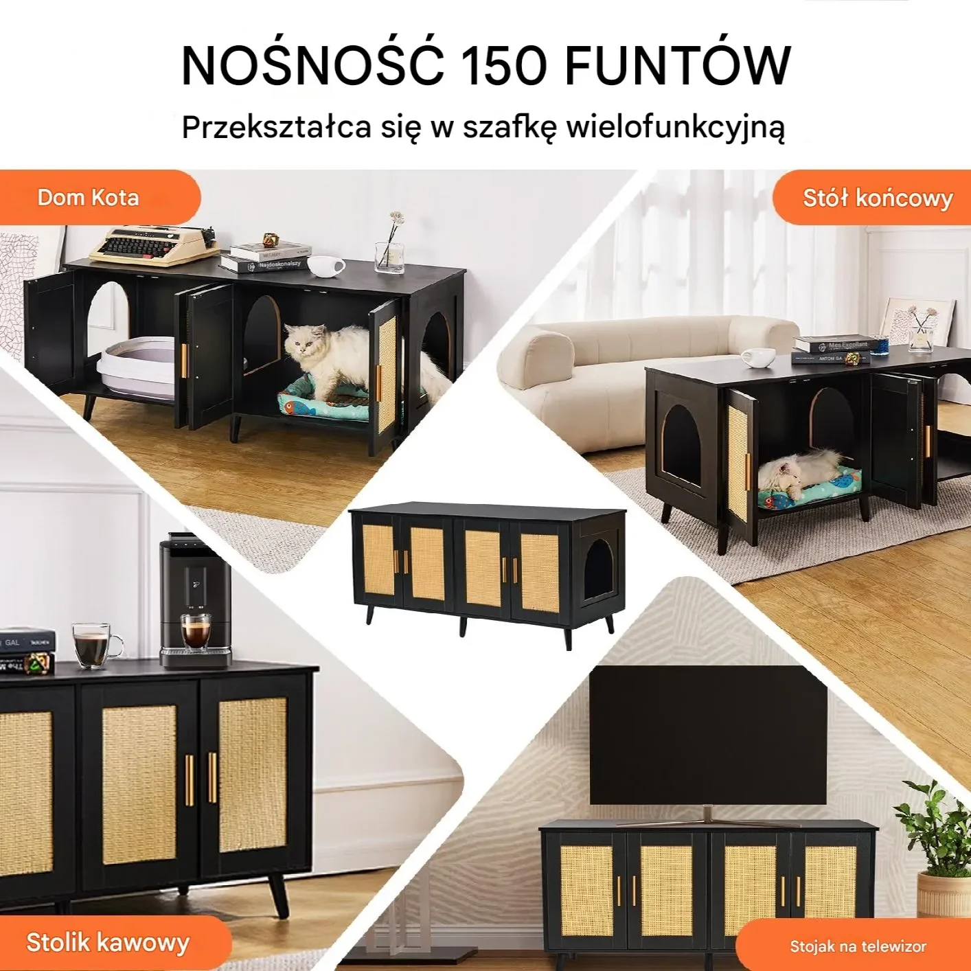 Szafka na kuwetę 2 komory – mebel maskujący czarny do domu dla kota - obrazek 4