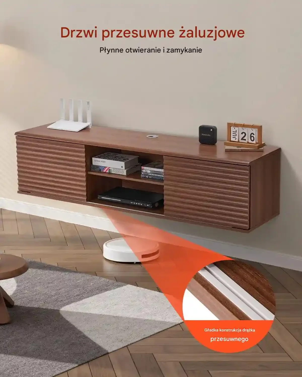 Wisząca szafka RTV 60" 2 poziomy regulowana półka przesuwane drzwi orzech - obrazek 2