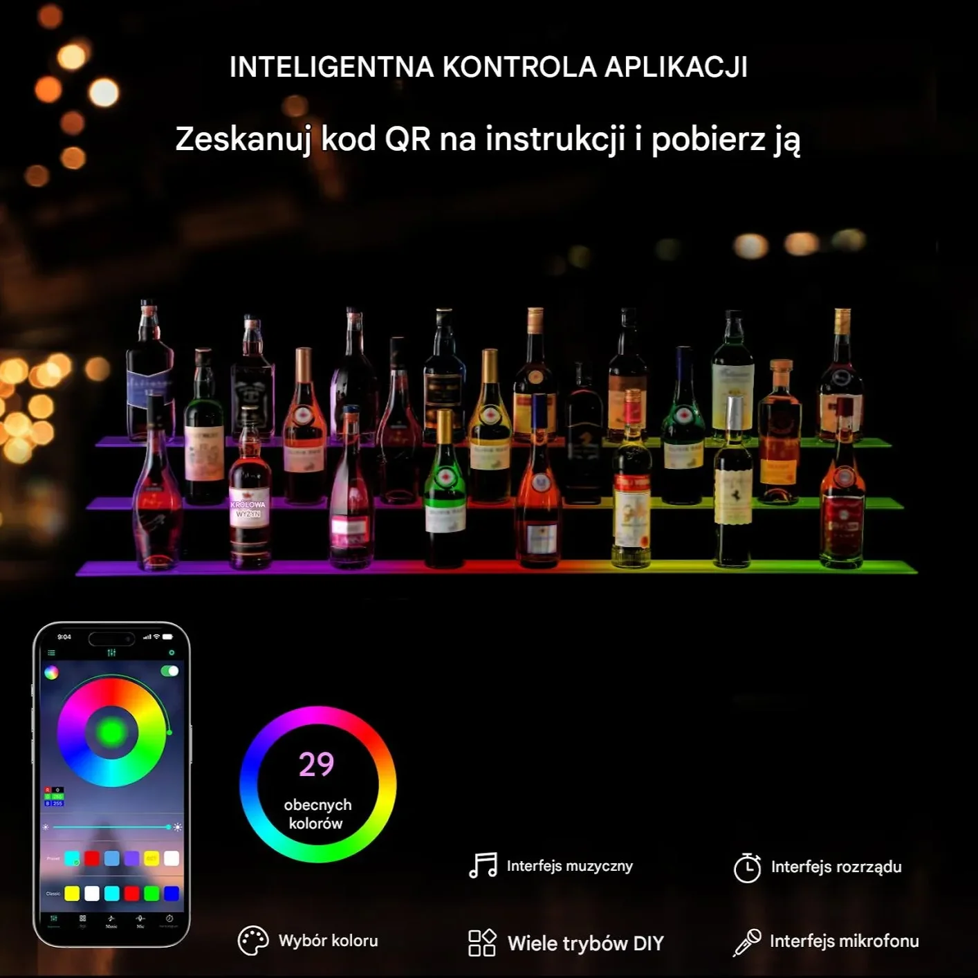 Podświetlana półka na alkohol 152cm sterowanie RF/aplikacja 3-poziomy bar - obrazek 2