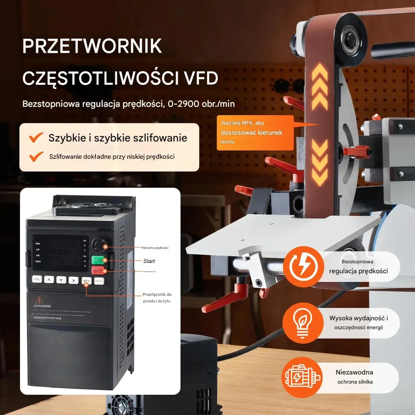 Szlifierka taśmowa 182x5 cm z falownikiem 3 formy do szlifowania metalu - obrazek 4