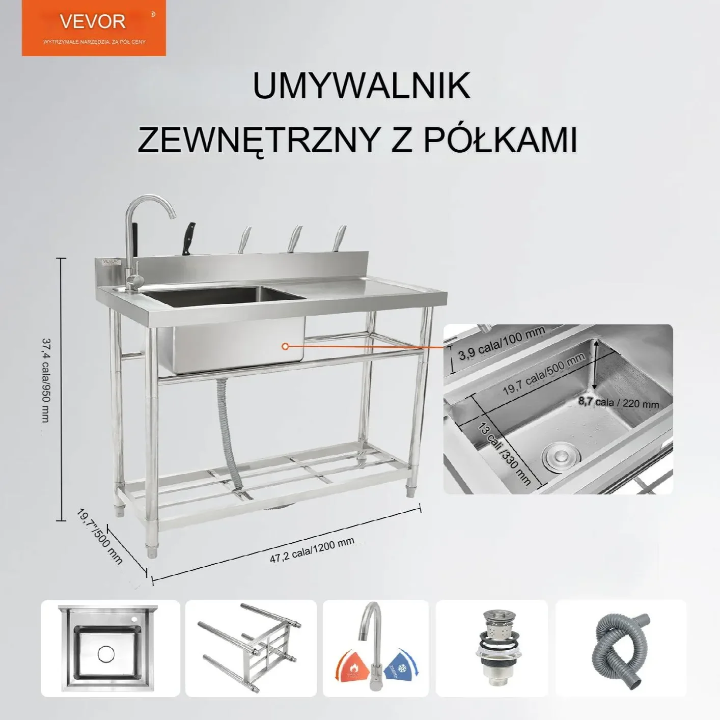 Zlewozmywak zlew stojący nierdzewny 120x50x95 cm blat roboczy gastronomia - obrazek 11