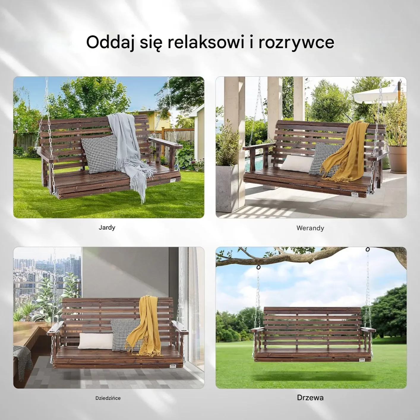 Huśtawka ogrodowa 140cm ławka wisząca 400kg na łańcuchach brązowa - obrazek 5