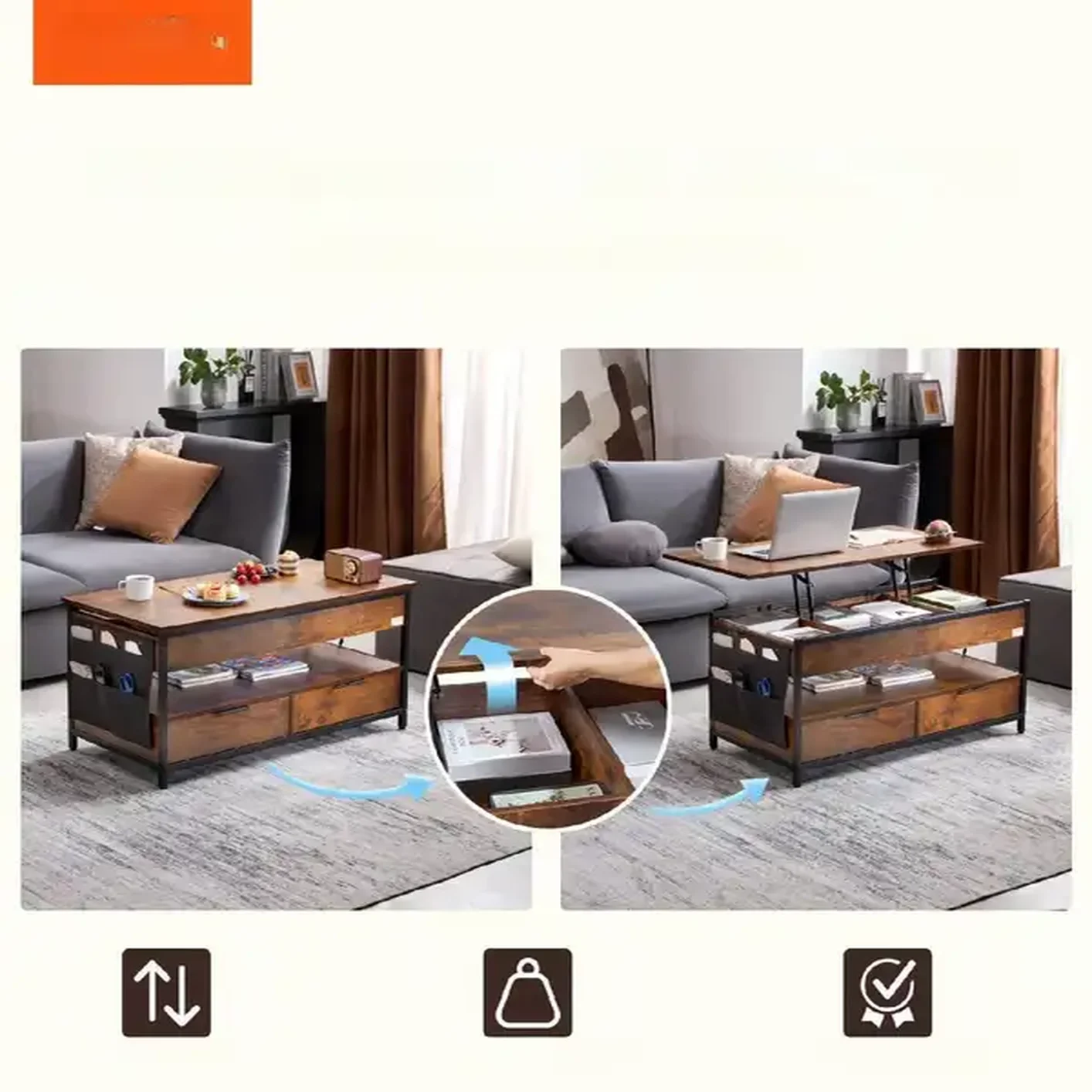 Stolik kawowy ława z podnoszonym blatem schowkiem + szuflady - obrazek 2