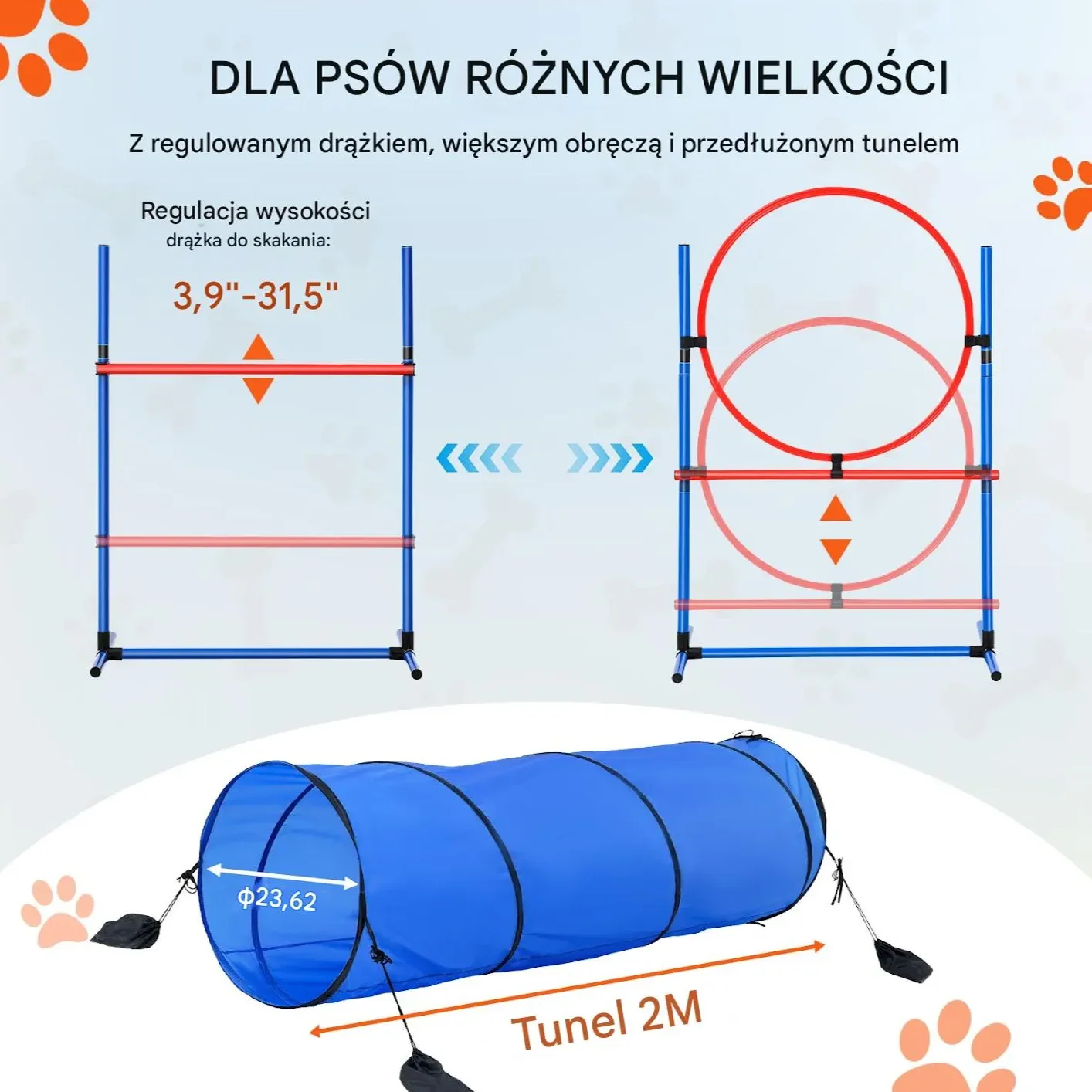 Sprzęt do treningu zwinności dla psa 5 elementów niebieski - płotki tunele - obrazek 3