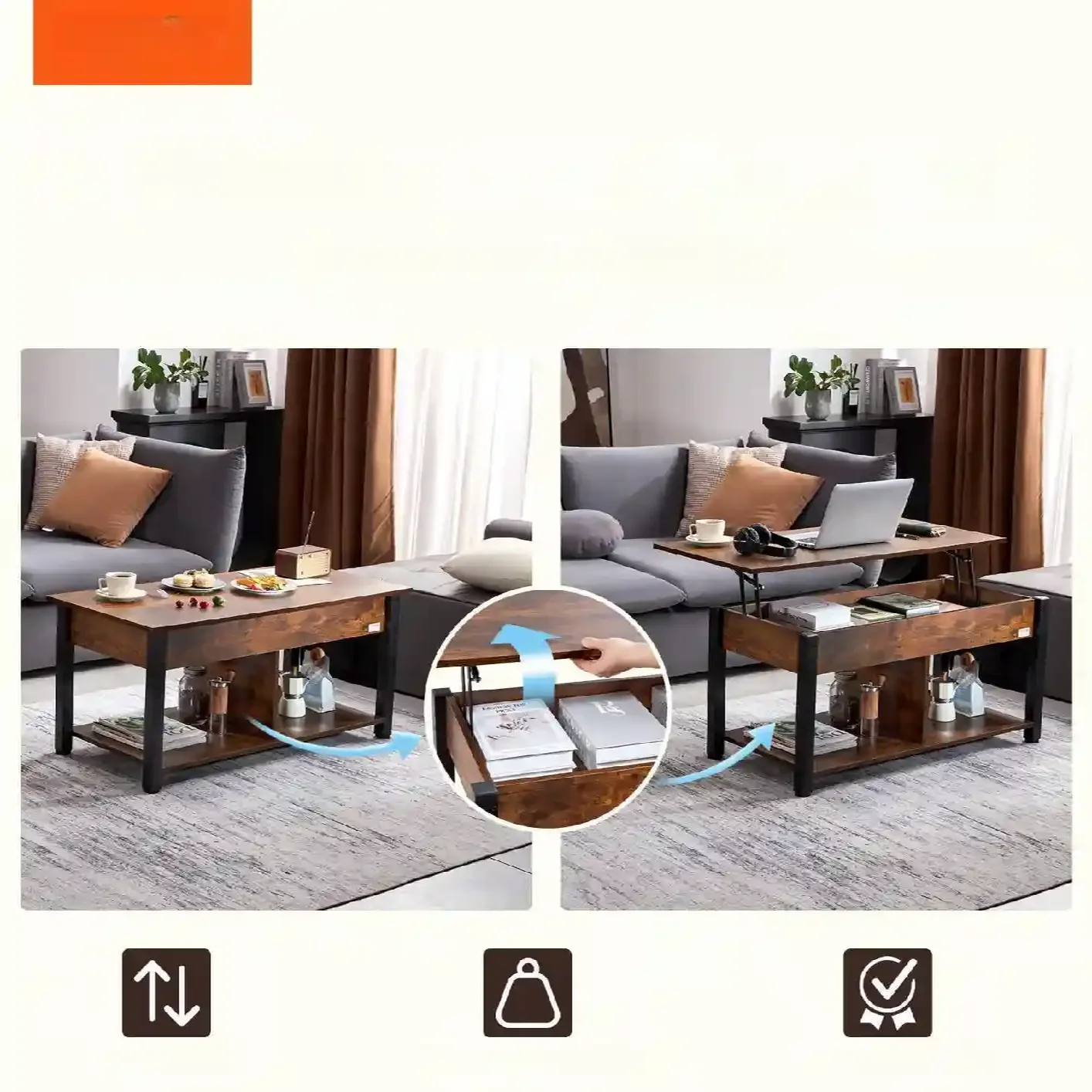 Rozkładana ława stolik kawowy z podnoszonym blatem schowkiem 106 cm - obrazek 2