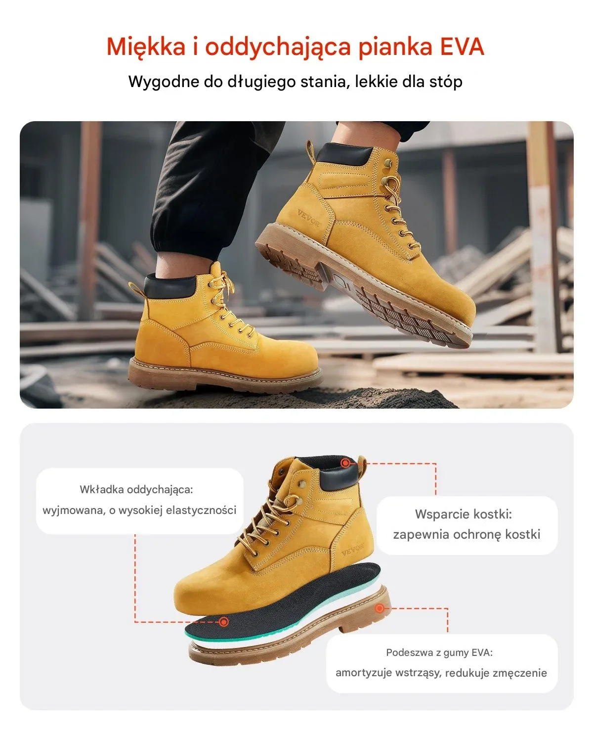 Buty Robocze Ochronne Męskie Trzewiki BHP Skóra Wodoodporne Antypoślizgowe - obrazek 3