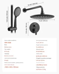 Zestaw prysznicowy deszczowy 23 cm okrągły z baterią ścienny czarny matowy