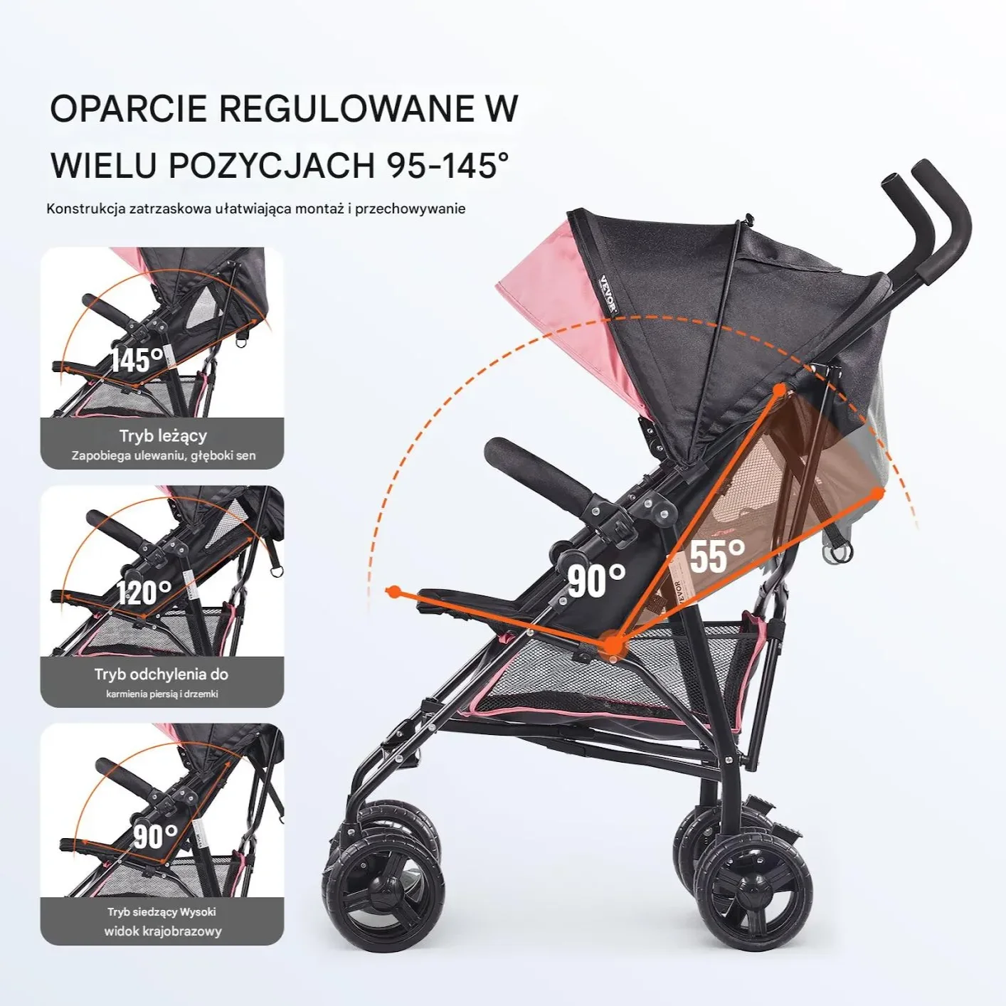 Ultralekki Różowy Składany Wózek Spacerowy – Kompaktowy i Bezpieczny - obrazek 2