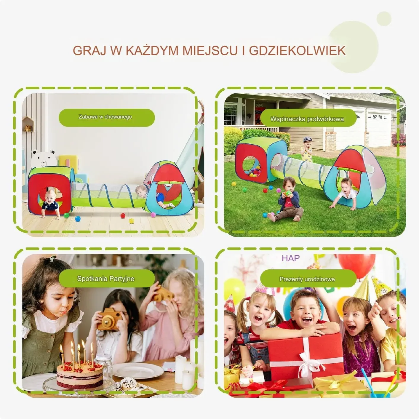 Namiot dla Dzieci Tipi Domek Tunel do Domu Ogrodu Zestaw Ogrodowy 3w1 - obrazek 4