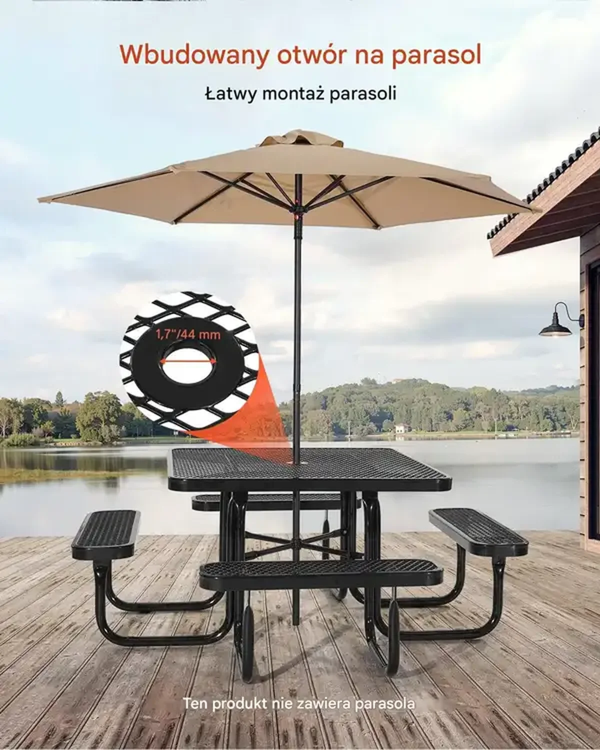 Stół piknikowy ogrodowy 116 cm - odporny na warunki z otworem na parasol - obrazek 2