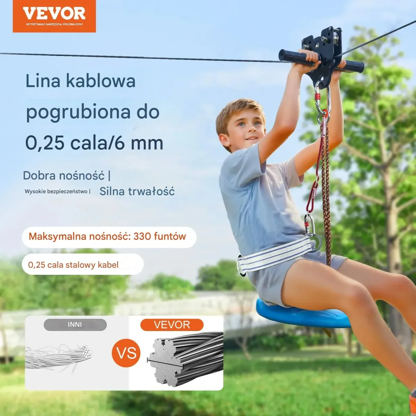 Tyrolka ogrodowa 24 m 227 kg zestaw uprząż hamulec sprężynowym siedziskiem - obrazek 2