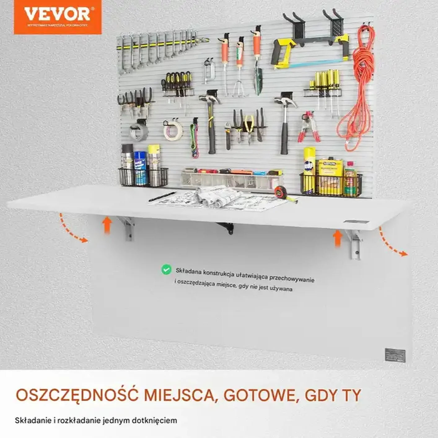 Stół ścienny składany 80x40cm obciążenie 50kg biały blat biurko warsztat - obrazek 2