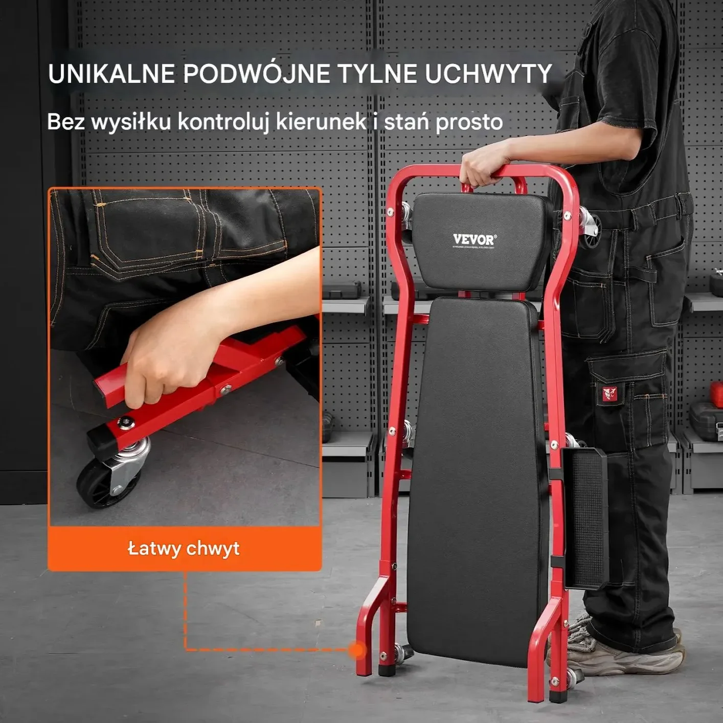 Leżanka warsztatowa 1118mm stalowa regulowany zagłowek tacka na narzędzia - obrazek 5