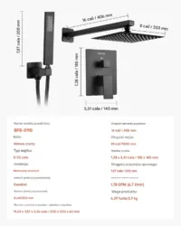 Zestaw prysznicowy deszczowy 20 cm kwadratowy z baterią ścienny czarny mat