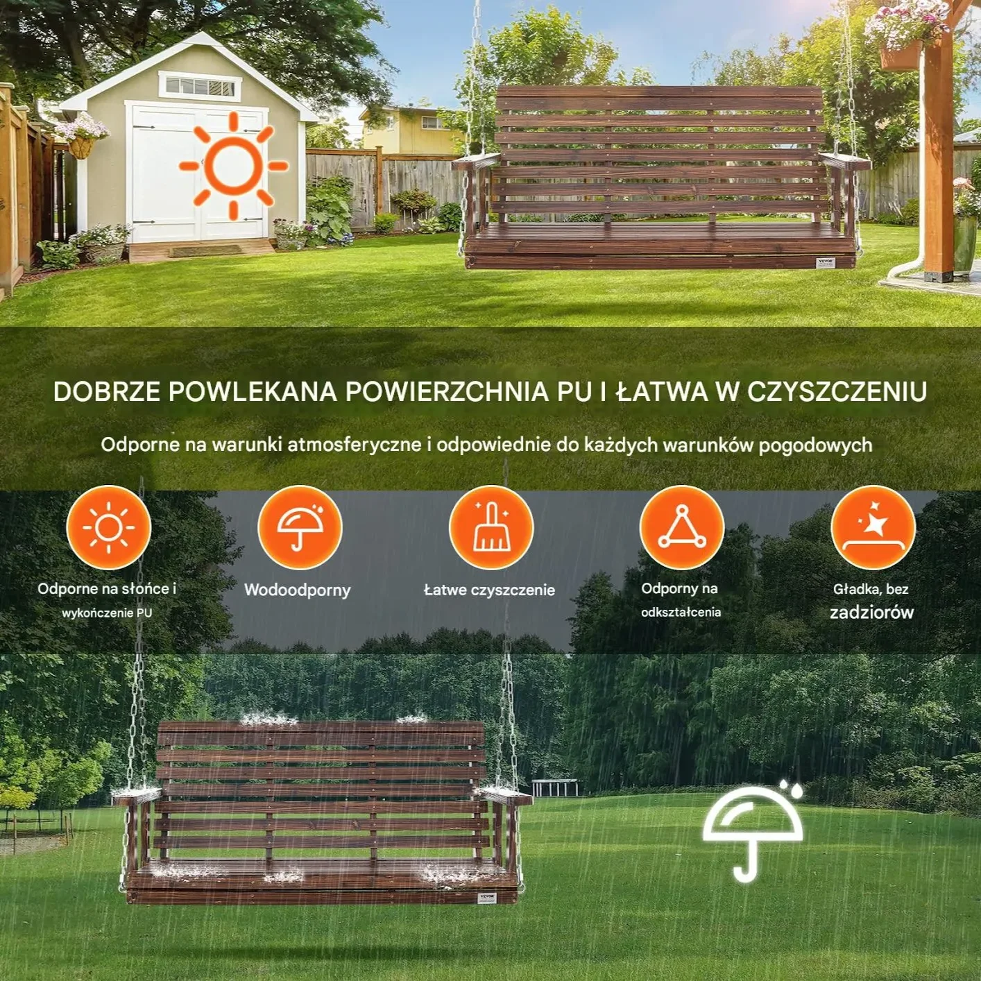 Huśtawka ogrodowa 140cm ławka wisząca 400kg na łańcuchach brązowa - obrazek 2