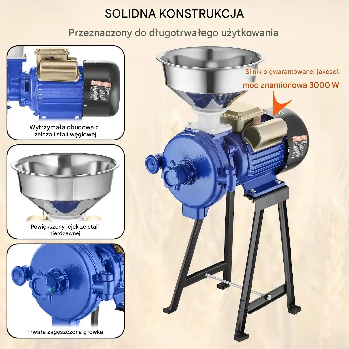 Młynek zbożowy elektryczny niebieski 3000W regulacja grubości pasza mąka - obrazek 3