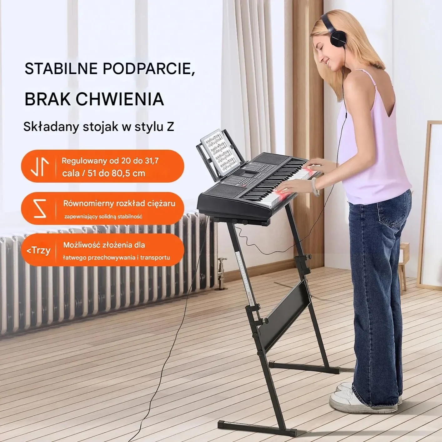 Keyboard 61 klawiszy przenośny z regulowanym stojakiem do nauki i koncertów - obrazek 5