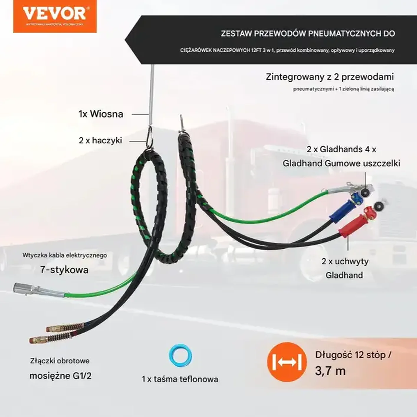Zestaw przewodów powietrznych do ciężarówki 3,66m 3w1 7-pin z akcesoriami - obrazek 2