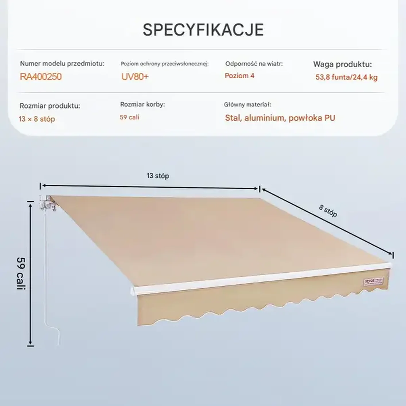 Markiza balkonowa rozporowa ogrodowa tarasowa patio 4 x 2,4 m - obrazek 2