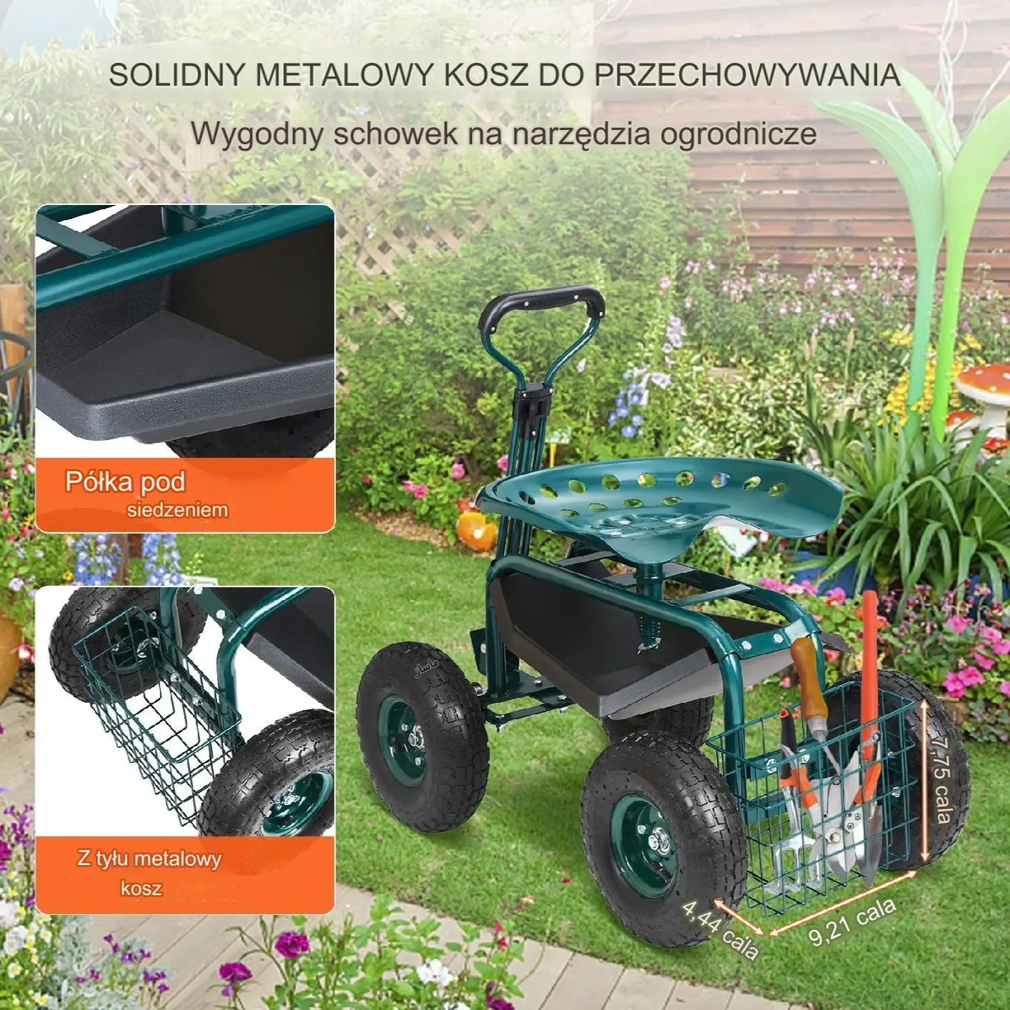 Wózek ogrodowy siedzisko ogrodowe taboret ogrodowy na kółkach zielony - obrazek 2