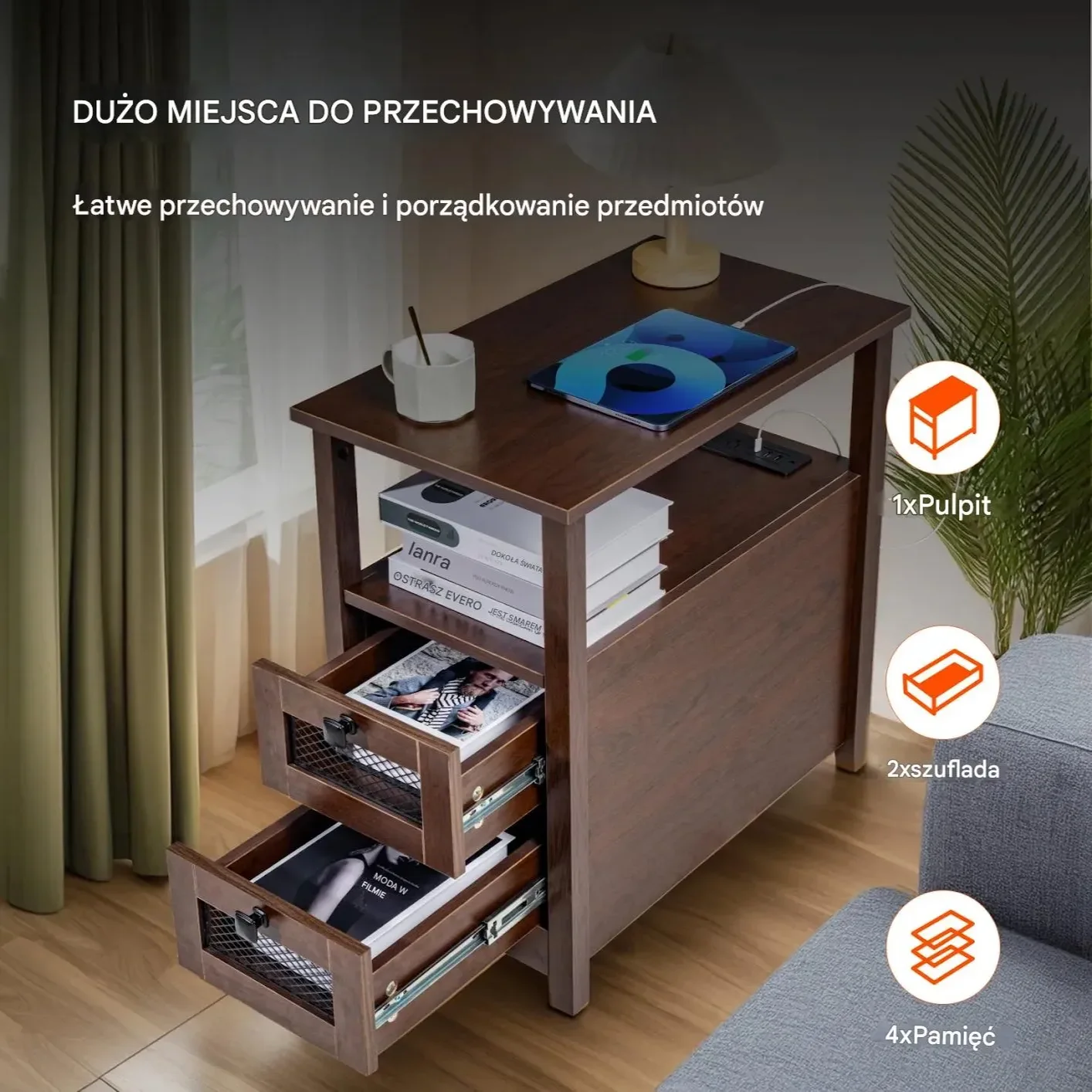 Stolik nocny wąski z szufladą USB i gniazdkami do sypialni brązowy - obrazek 3