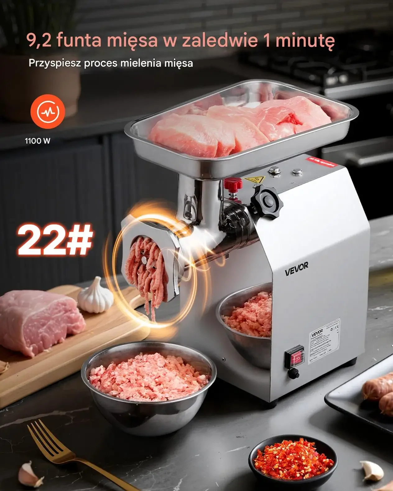 Maszynka do mięsa elektryczna 4,2 kg/min 1100W stal kiełbasy - obrazek 2
