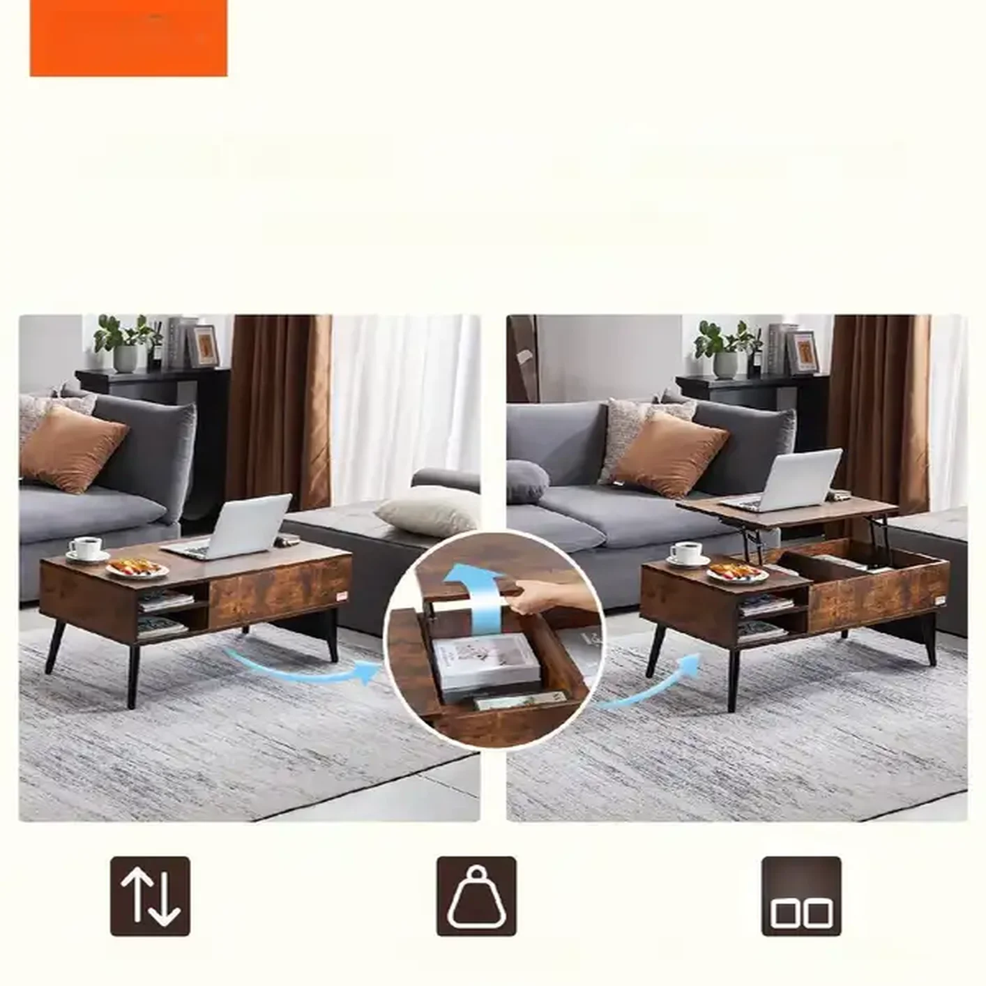 Rozkładana ława stolik kawowy z podnoszonym blatem schowkiem - obrazek 4