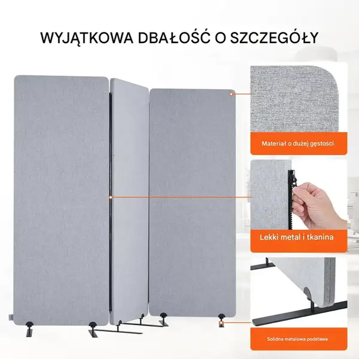Parawan pokojowy 3-panelowy składany wygłuszający przegroda biurowa szary - obrazek 2