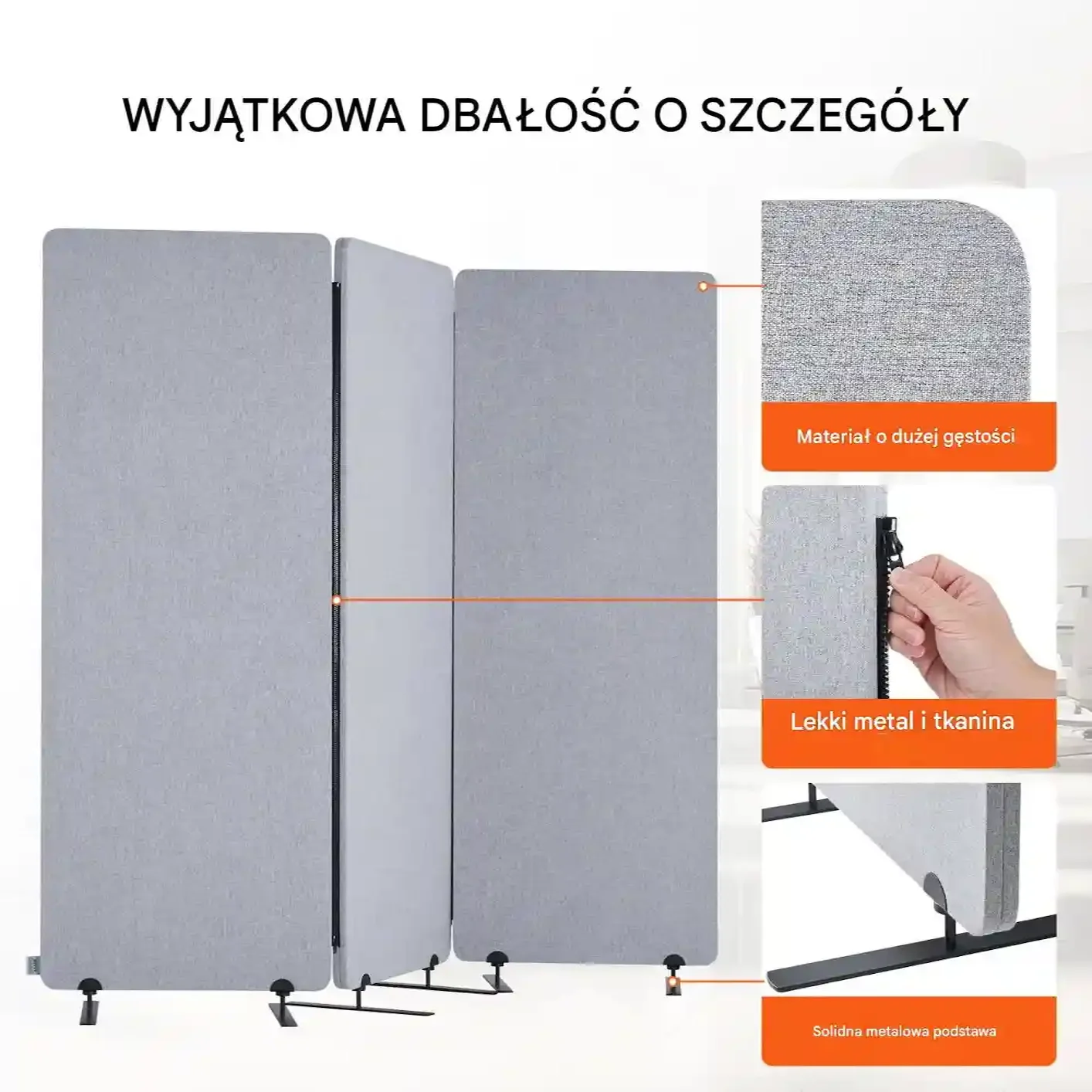 Parawan pokojowy 3-panelowy składany wygłuszający przegroda biurowa szary - obrazek 2