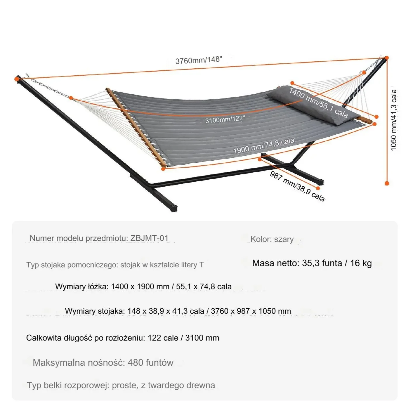 Hamak ogrodowy ze stelażem i drążkiem duży mocny dwuosobowy szary - obrazek 5